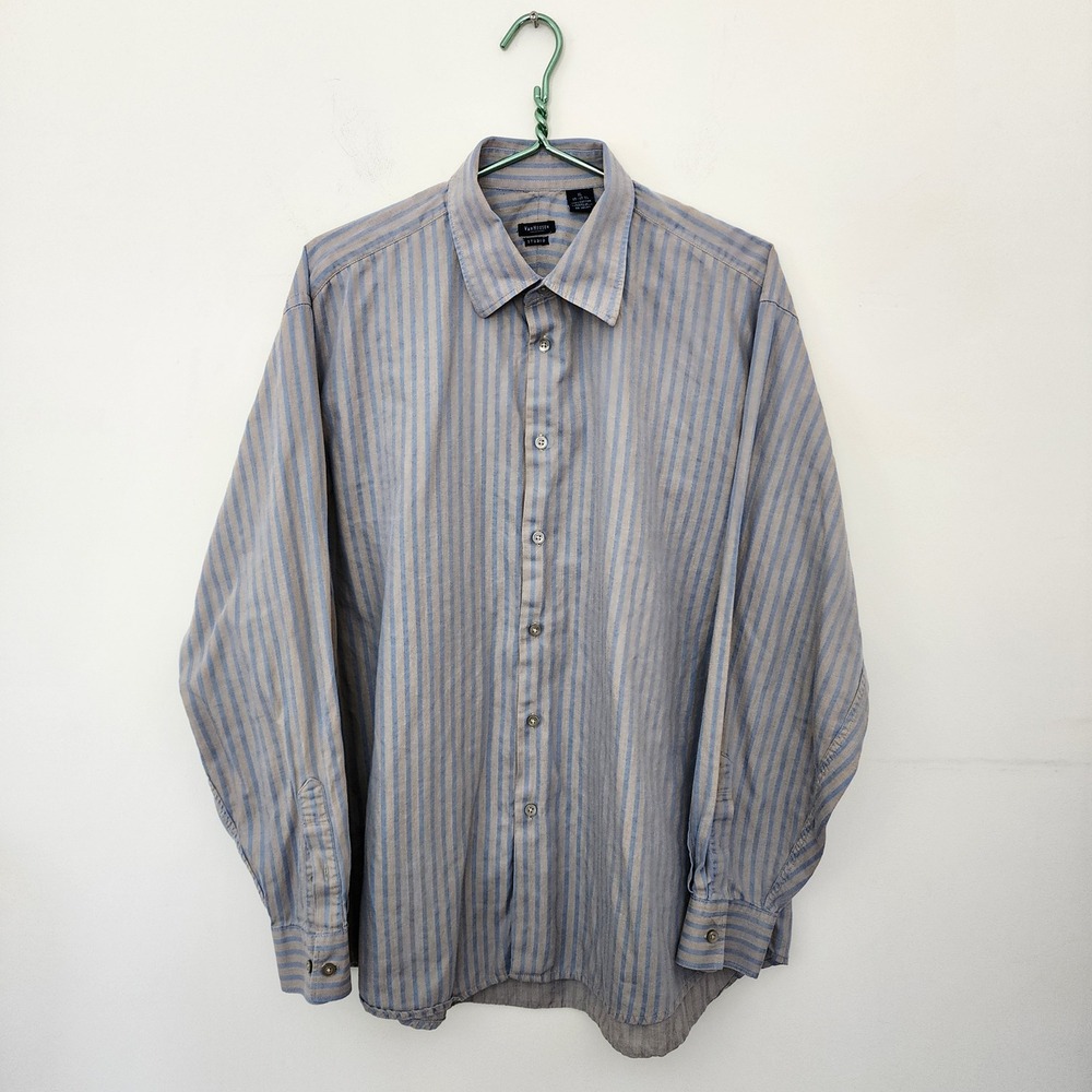 Van Heusen Studio Mens XL Blue Tan Striped Long Sleeve Button Down Cotton Shirt